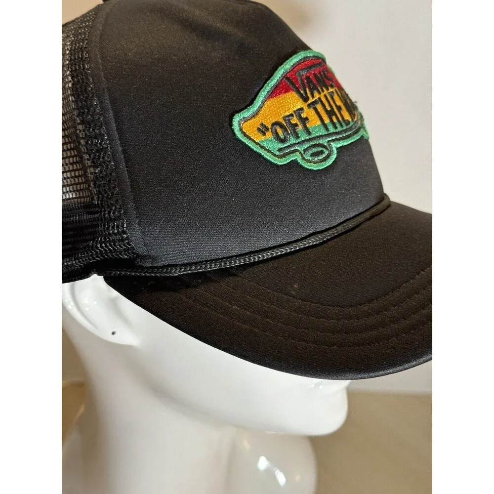Vtg Vans Off The Wall Black Trucker Hat Rasta Logo Patch Mesh Back Adjustable